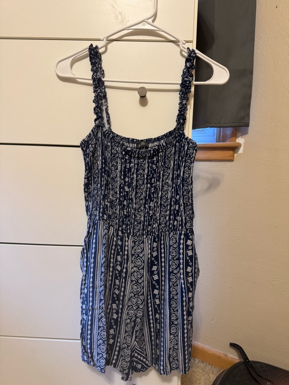 Lily Rose Navy and White Printed Smocked Romper